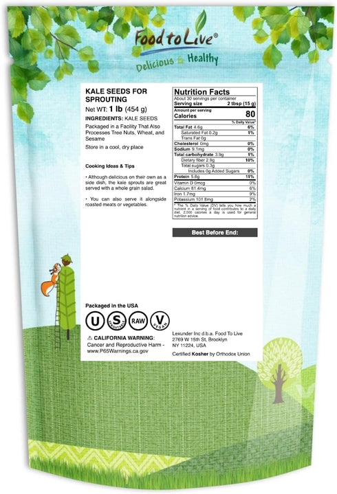 1 Food to Live - Kale Seeds, Pound - Great for Sprouting and Planting, High Germination Rate, Non-Irradiated, Kosher