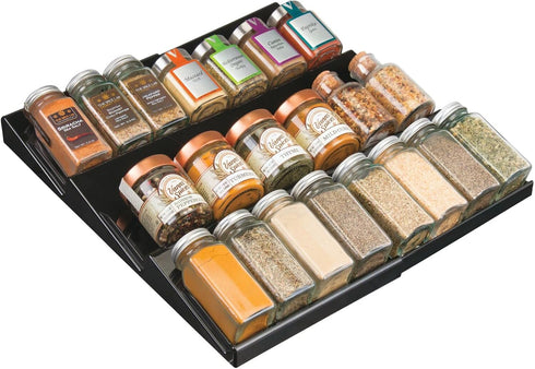 mDesign Expandable Plastic Deluxe Spice Rack, 3 Tier Slanted Drawer Organizer for Kitchen Cabinets