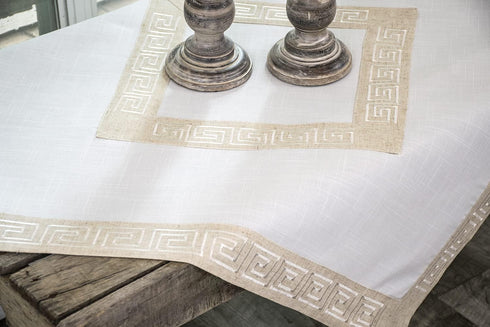 Linens, Art and Things Neutral Earth Tones Greek Key, Square Table Topper, 34Wx34L