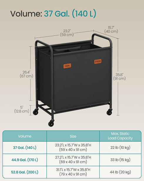 2-Section URLS210B01 SONGMICS Laundry Sorter, Laundry Hamper with Wheels, Rolling Clothes Hamper Cart with Large
