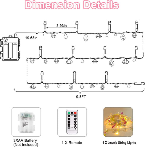 8 Function,30 Battery Operated Fairy String Lights, Acrylic Gems Jewels String Lights with Remote Modes Timer Warm