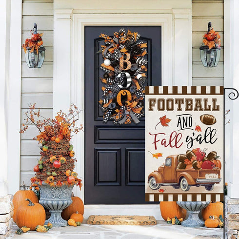 Welcome Thanksgiving Fall Garden Flags - FOOTBALL and Fall Y'all Truck with Maple Leaves, 12x18 Inch Outdoor Decor