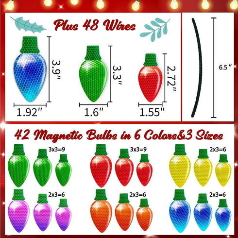 90PCS Christmas Car Refrigerator Decorations, 42 Reflective Bulb Light Shaped Magnets, 48 Magnetic Wires Ornaments Set