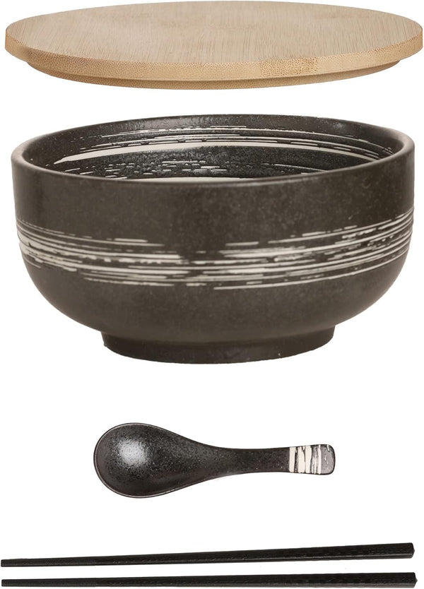 Ceramic Ramen Bowl Set, 38 OZ Japanese Style, Microwave & Dishwasher Safe, Includes Spoon & Chopsticks, Blue