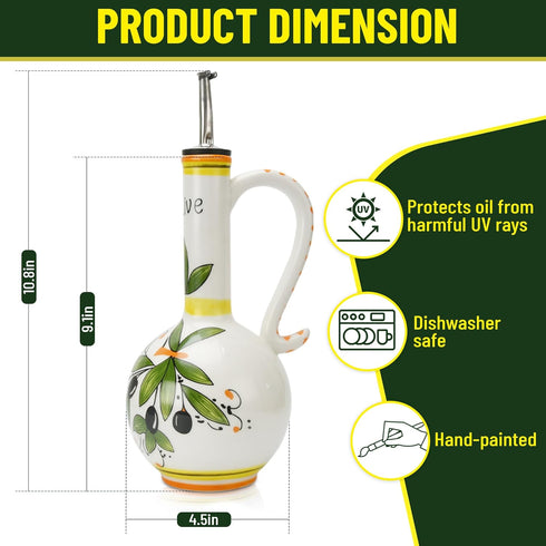 AA Brothers 15oz Hand-Painted Ceramic Olive Oil Dispenser Bottle Decorative Stoneware Cruet with Stainless Steel Spout
