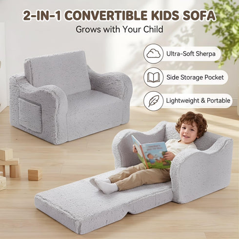 2-in-1 Cozy MOMCAYWEX Kids Sofa, Flip-Out Foam Couch with Soft Sherpa Cover, Play Lounge Chair, Grey
