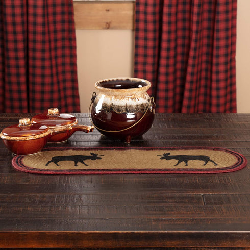 VHC Brands Cumberland Moose Rustic Decor Table Runner, Natural Jute for Kitchen Dining Room, Tan Red Black