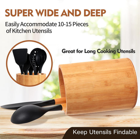Bamboo Utensil Holder, Large Kitchen Counter Spoon and Chopstick Organizer, Flatware Storage for Countertop