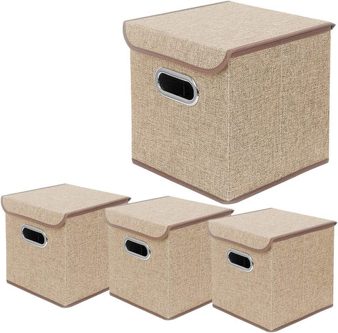 Storage Bin Set of 4, Linen Fabric Foldable Container with Lid, Collapsible Organizer Boxes – 10 x 10 x 10 Inches