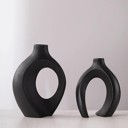 Set 2, Liotww Black Vases Home Decor of Ceramic Black Small Flower Vase, Minimalist Boho Decorative Modern Donut Vase
