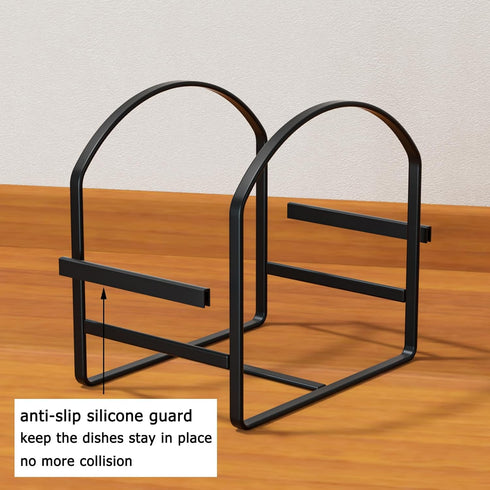 LINFIDITE 2 Pack Plate Holder Organizer, Large Dish Storage Rack for Cupboard and Countertop, Non-Slip & Rustproof Black