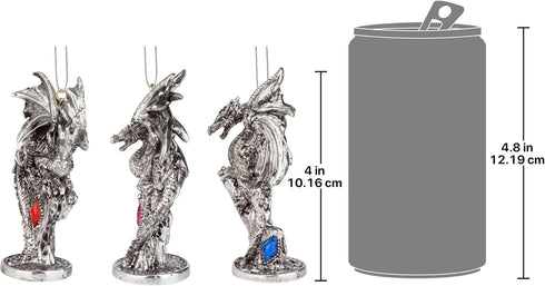 Design Toscano 3 Dragons of The Amesbury Holiday Gemstone Ornament Set, Silver, Christmas