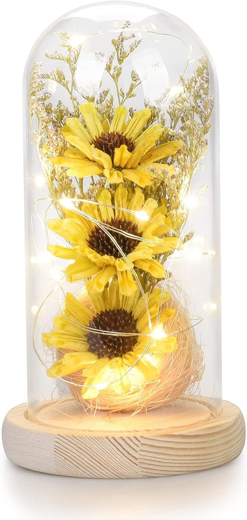 Sunflower Gifts for Women, Artificial Sunflowers in Glass Dome with LED Strip, Birthday Gifts for Mom & Grandma,