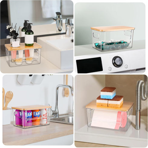 Trash Bag Holder Dispenser, Garbage Bag Dispenser with Bamboo Lid & Handles, Stackable Clear Trash Bag Organizer Under