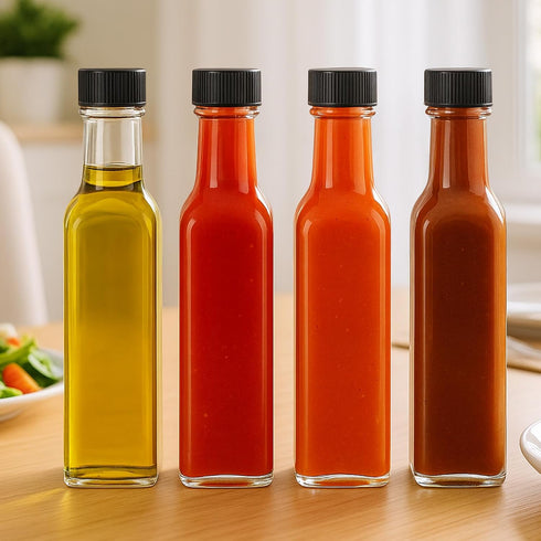 WERTIOO 18-Pack Hot Sauce Bottles, 8.5oz Glass Containers with Caps - Square for Homemade Chili Oil, BBQ