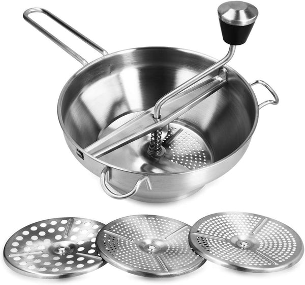 Navaris Food Mill, 8.1" Stainless Steel Rotary with Hand Crank and 3 Grinding Discs for Tomato Sauce, Mashed Potatoes