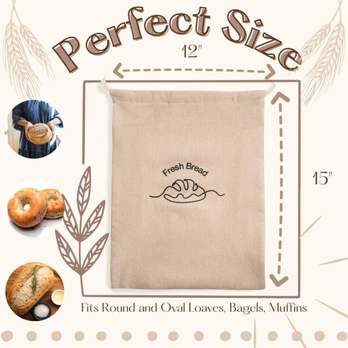 3-Pack 12"x15" Linen Bread Bags for Homemade Bread Reusable Bread Storage Bags with Inner Lining Sourdough Bread Bags