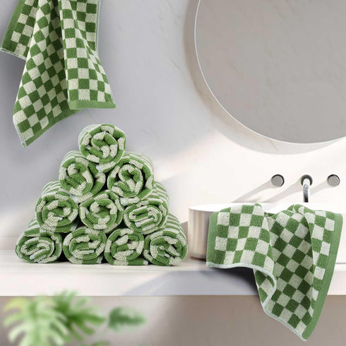 12 Pack 13x13 Inches, Jacquotha Wash Cloths Super Soft (Green Checkered), Wash Clothes Cotton Face Cloths for Washing