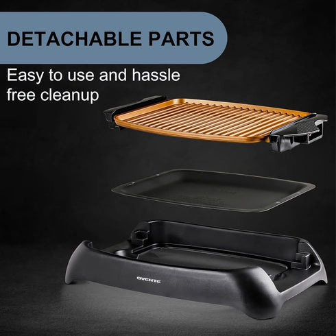 OVENTE Electric Indoor Grill, 13x10 Inch Non-Stick Surface, 1000W Fast Heat, Adjustable Temperature, Dishwasher Safe
