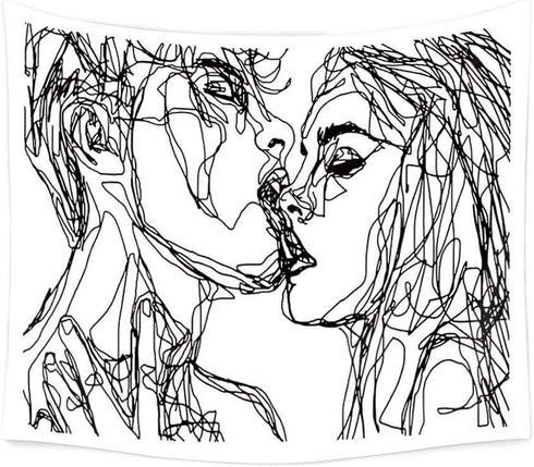 Ruibo Kissing Couple Abstract Sketch Art Wall Hanging Tapestry, Beach Throw, 59" x 51"