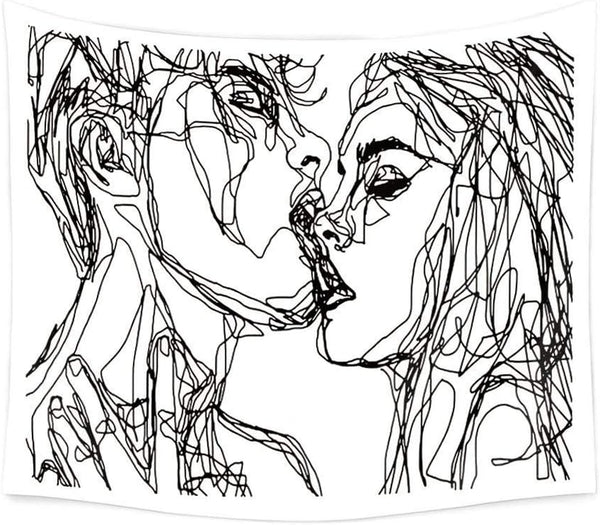 Ruibo Kissing Couple Abstract Sketch Art Wall Hanging Tapestry, Beach Throw, 59" x 51"