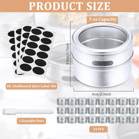 CHENGU 24 Pack 3 oz Magnetic Spice Jars for Refrigerator Magnetic Spice Containers Stainless Steel Seasoning Tins