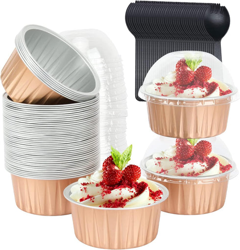 Jumbo 5oz Aluminum Foil Cupcake Liners with Lids - 50 Pack Disposable Ramekins for Mini Cake Baking