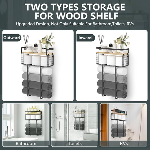 Bathroom Towel Racks, Metal Towel Holder with Storage Basket, Wall Rack for Rolled Towels, Small Bathroom Shelves.