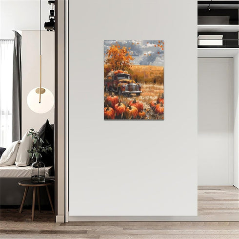 Fall Decor Wall Art, Farmhouse Autumn Pumpkins Canvas Painting Print for Home Decorations (12"x16")