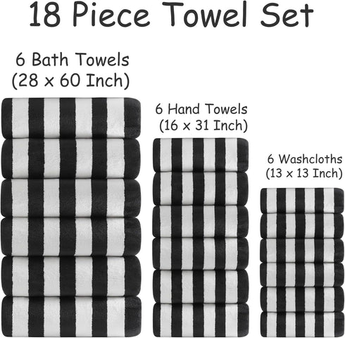 18 Set Loop-6 Towels,6 Towels,6 Set Pcs Black White Stripe Bath Towel with Hanging Bath Hand Washcloths Soft Family