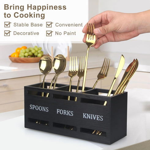 Ayiaren Wooden Silverware Caddies Flatware Cutlery Holder Wood Silverware Organizer Containers Black Kitchen Utensil Holder for Countertop Spoon and Fork Holder Flatware Utensils Caddy for Party by Ayiaren
