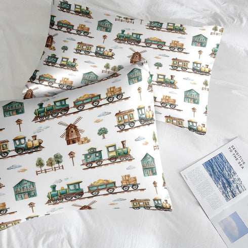 Set 5 Sets Pamnest Comforter Twin Size, Cute Cartoon Train Pcs Bedding for Kids and Adults, Green Barn Tree Bed Sheet