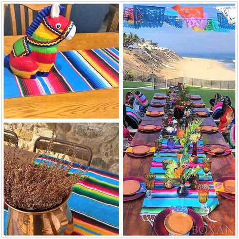 BOXAN Mexican Serape Table Runner, 14 x 84 Inch Fringe Cotton Blanket for Party Wedding Decorations