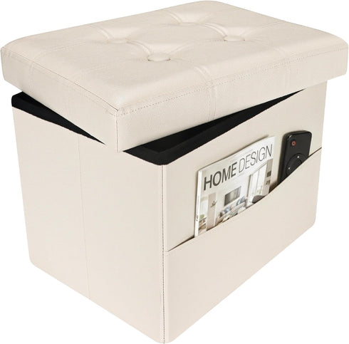 Ottoman with Storage Foot Stool, 17 Inches Folding Storage Ottoman, Leather Upholstered