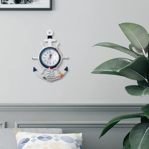 Sea Theme Nautical Anchor Steering Wheel Wall Clock, Suit for Hanging Decoration and Wall Mounted Ornament