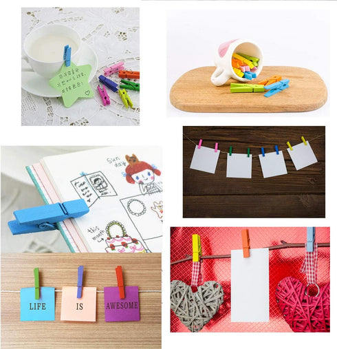 Wooden Clothes Pins, 100pcs 1.3 Inch (3.5cm) Mixed Colored Small Clips with 33 Feet Jute Twine
