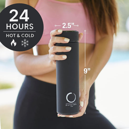 Pure Zen Tea Thermos with Infuser, Stainless Steel Leakproof Travel Mug for Hot and Cold Infusions, 15oz Black