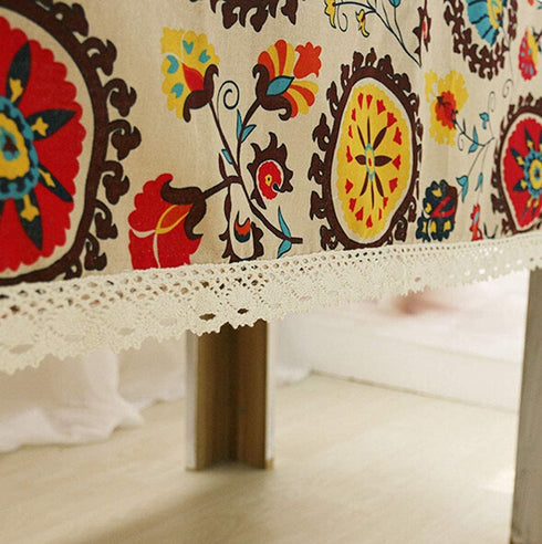 55 79 Inch LeLehome Elome X Oblong Bohemian Sunflower Tablecloth, Vintage Flowers Cotton Linen Lace Dinner Picnic