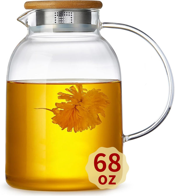 Large Glass Teapot 68 fl oz with Infuser, Stovetop Safe, Thickened Borosilicate Glass, Bamboo Lid