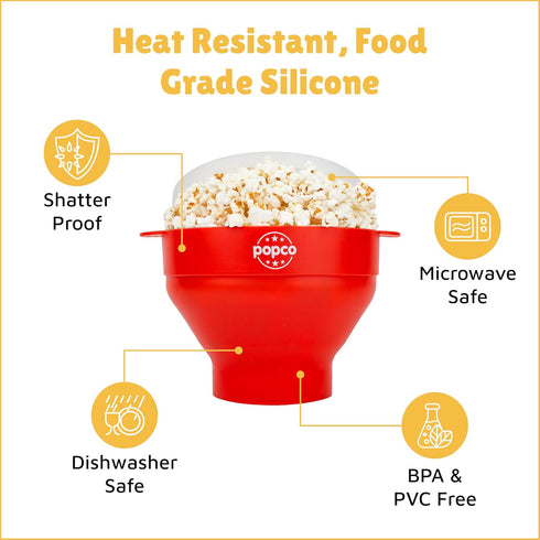 POPCO Microwave Popcorn Bowl - Silicone Snack Popper with Handles, Collapsible Design, Dishwasher Safe (Red)