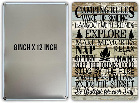 QIONGQI Funny Camping Rules Metal Tin Sign, Rustic Wall Decor for Home Camper Room Decor Gifts