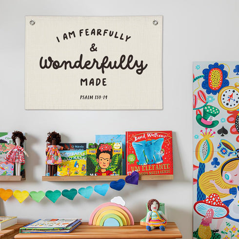 Wheatwin Kids Room Decor - Bible Verse Wall Hanging, 'I am Fearfully and Wonderfully Made' Linen Banner, Canvas