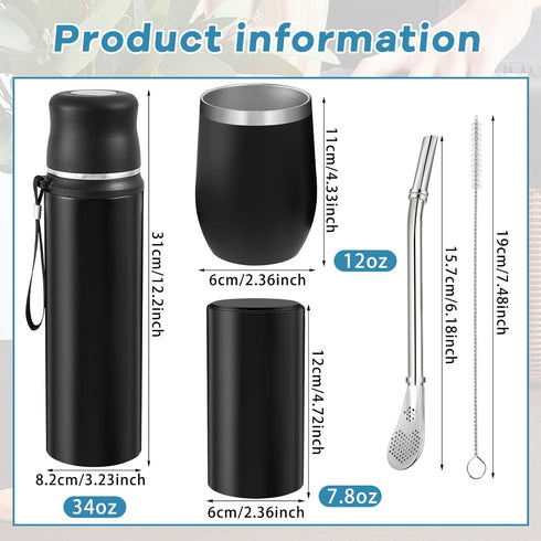 Suclain 3 Pieces Yerba Mate Kit, 12 oz Cup and 34 oz Stainless Steel Thermal Bottle Set, Black