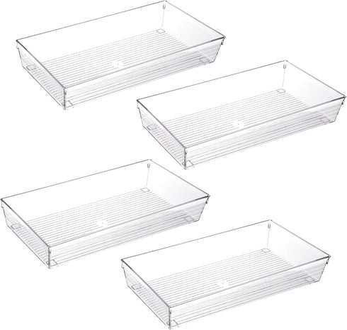 4 Pack 12"x 6" Clear Plastic Desk Drawer Organizer Tray Storage Bins for Bathroom Office Kitchen Utensils