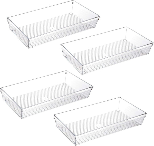 4 Pack 12"x 6" Clear Plastic Desk Drawer Organizer Tray Storage Bins for Bathroom Office Kitchen Utensils