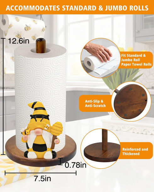GAJ Countertop 3D Gnome Paper Towel Holder - Honey Bee Decor for Kitchen & Bathroom - Gifts for Women Mom Grandma