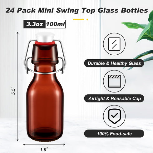 24 Favors(3.3 oz,Amber) Tessco Pcs Mini Swing Top Glass Bottles with Stoppers Small Flip Top Bottles with Airtight Lids