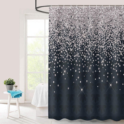 Silver Gray Bokeh Shower Curtain, Falling Snow Night Sky Stars 3D Printed Fabric Bathroom Curtain, 70 x 72 Inch