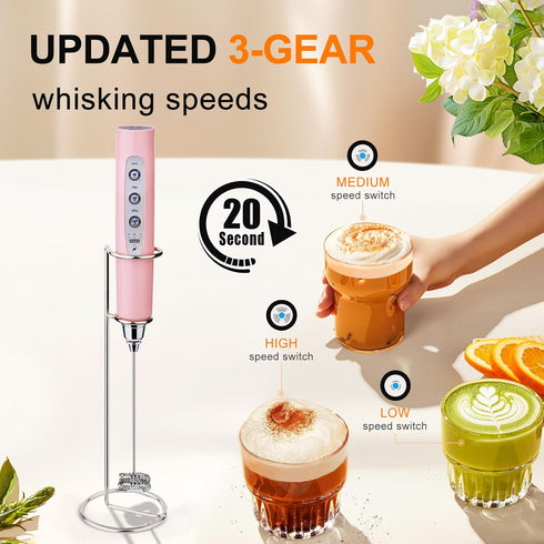YUSWKO Pink Handheld Milk Frother with Stand, Rechargeable Electric Whisk, 3 Heads, 3 Speeds for Coffee, Latte