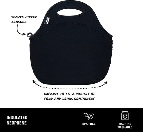 BUILT Gourmet Getaway Soft Neoprene Lunch Tote Bag, Insulated, Reusable, One Size, Black